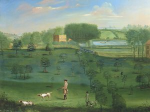 Scène de maison de campagne avec des cerfs et un arboretum